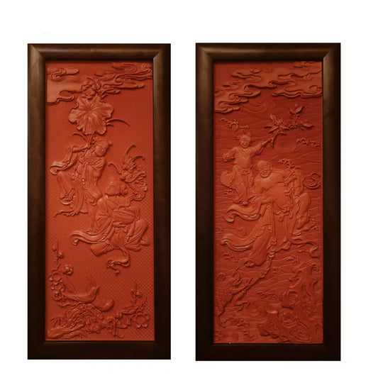Carved Lacquer Hanging Panel Two Immortals of Harmony and Union & Liu Hai Playing with the Golden Toad